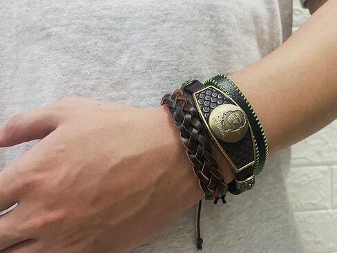 Bigbabybig Pack 3 Che Guevara Bracelet for Men Engraving Women Real Leather Braided Cuff Wrap Wristband Adjustable Beads Wave Biker Surfer Religious Brwon Male Son Boy BFF Bracelets Gifts in Kuwait