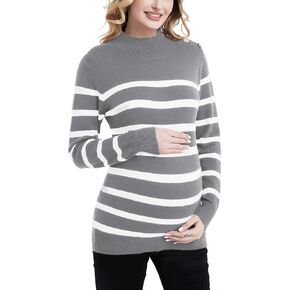 Bhome Maternity Sweater Turtleneck Stripes Long Sleeve Knit Sweater Loose Pregnant Pullover with Buttons Top