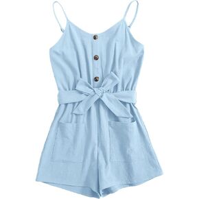 GAMISOTE Girls Romper Strappy Sleeveless Button Tie Front Jumpsuit With Pockets