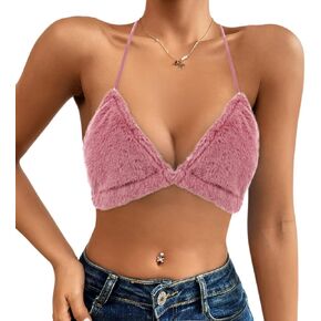 Vimoisa Women Sexy Lace-up Triangle Deep V Bikini Bra Top Vest Downy Halter Backless Crop Top Clubwear