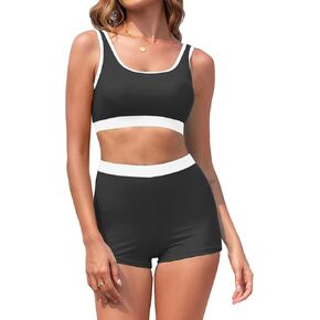 KerryKreey Women 2 Piece Sporty Swimsuits Color Block High Waisted Bikini Teen Crop Tummy Control Tankini Bathing Suit Shorts