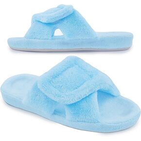 Women's Adjustable Diabetic Slippers Memory Foam House Shoes Cozy Arch Support Orthotic Heel Cup Arthritis Edema Slippers Non Slip Rubber Sole, Open Toe Fuzzy Slide Sandals for Ladies
