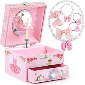 Little Girls Musical Jewelry Box with Spinning Ballerina and Jewelry Set, Ballerina Storage Earring Necklace Box with Pullout Drawer, Ideal Gift for Girls, Play Swan Lake Tune in Kuwait