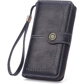 Black Wallet for Women, PU Leather Large Capacity Bifold Wallets with Wrist Strap and Zipper for Hold Credit Cards/Cell Phones/Keys, Girlfriends Mother's Day Gifts