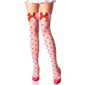 Amybria Women's Sexy Thigh High Stockings Red Bowknots & Heart Dots (White) in Saudi Arabia