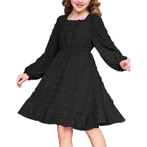 Arshiner Girls Dresses Long Sleeve Square Neck Swiss Dot Casual Flowy Dress