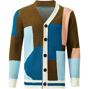 Snullo Mens Color Block Cardigan Sweater Button Up V Neck Casual Knitwear