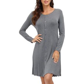 DLOREUK Women's Nightshirt, Short/Long Sleeve Nightgown V Neck Button Down Pajama Dress S-XXL