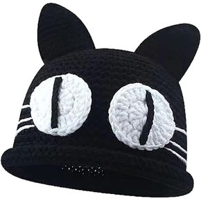Womens Anime Beanie Hat Winter Warm Cap Cute Cat Crochet Caps Cat Ears Knitted Hats Girl Big Eyes Outdoor Ski Hat Black in Kuwait
