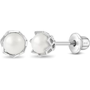 925 Sterling Silver Unique Simulated Pearl Basket Toddler Earrings with Screw Back Locking - Hypoallergenic & Safe for Babies, Toddlers, Young Girls, and Pre Teens in Kuwait