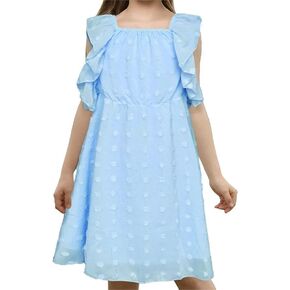 21KIDS Girls Summer Swiss Dot Dress Casual A-Line Swing Flowy Ruffle Chiffon Dresses for 6-12 Years Kids