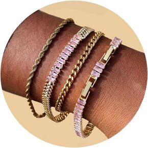 YOXWSKA 4PCS Colorful Gold Bracelets for Women, 5mm Square Cubic Zirconia Tennis Bracelet, 14K Gold Plated CZ Tennis Bracelets Pack for Women Teen Girls Adjustable Jewelry Gift in Kuwait