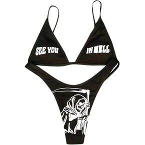 ANKOMINA Women Gothic Skull Letter Printed Two Piece Swimsuit High Cut Triangle Bikini Set for Rave Party Festival Halloween