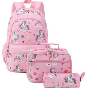Unineovo Unicorn Girls School Backpack Set 3 in 1, Girls Pink Unicorn Bookbag, Backpack, Lunch Box, and Pencil Case for Elementary School in Saudi Arabia
