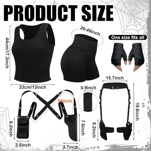 Jiuguva 5 قطع من أزياء الهالوين لحافظات الفخذ تتضمن قمصان بدون أكمام قصيرة بدون أكمام وقميص الجري وشورت سباندكس للنساء وقفازات قيادة نصف إصبع وحافظة للساق وحقيبة للساق in Kuwait