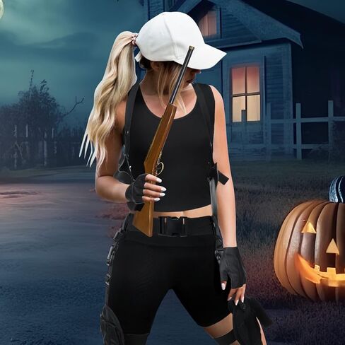 Jiuguva 5 قطع من أزياء الهالوين لحافظات الفخذ تتضمن قمصان بدون أكمام قصيرة بدون أكمام وقميص الجري وشورت سباندكس للنساء وقفازات قيادة نصف إصبع وحافظة للساق وحقيبة للساق in Kuwait