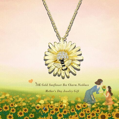 LAZLUVU Honey Bee Studs Earrings Initial Sunflower Bumblebee Pendant Necklace for Women Girls 18K Gold Plated CZ Ear Cuff Necklaces Mother's Day Christmas Jewelry Gift in Kuwait