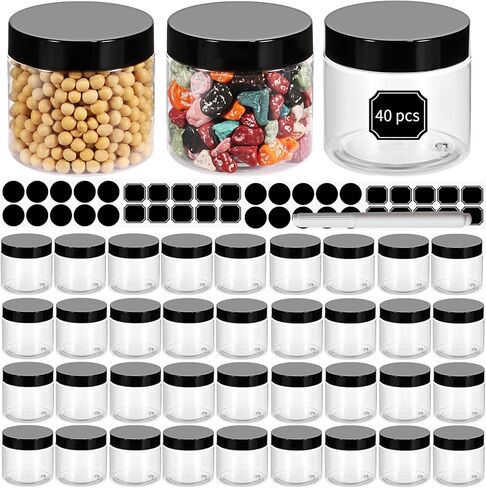 40 عبوة من برطمانات بلاستيكية شفافة فارغة بسعة 180 مل بأغطية سوداء من ستارسايد، حاويات دائرية قابلة لإعادة الملء للسلايم ومنتجات التجميل والمساحيق والكريم والمقشر والبسكويت والفواكه المجففة. تتضمن قلمًا واحدًا و80 ملصقًا. in Kuwait