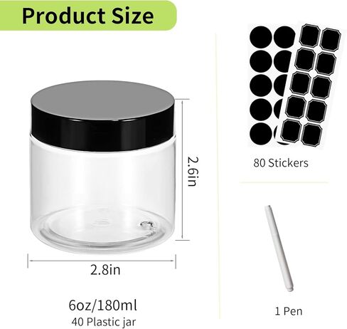 40 عبوة من برطمانات بلاستيكية شفافة فارغة بسعة 180 مل بأغطية سوداء من ستارسايد، حاويات دائرية قابلة لإعادة الملء للسلايم ومنتجات التجميل والمساحيق والكريم والمقشر والبسكويت والفواكه المجففة. تتضمن قلمًا واحدًا و80 ملصقًا. in Kuwait