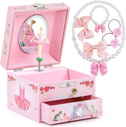 Little Girls Musical Jewelry Box with Spinning Ballerina and Jewelry Set, Ballerina Storage Earring Necklace Box with Pullout Drawer, Ideal Gift for Girls, Play Swan Lake Tune in Kuwait