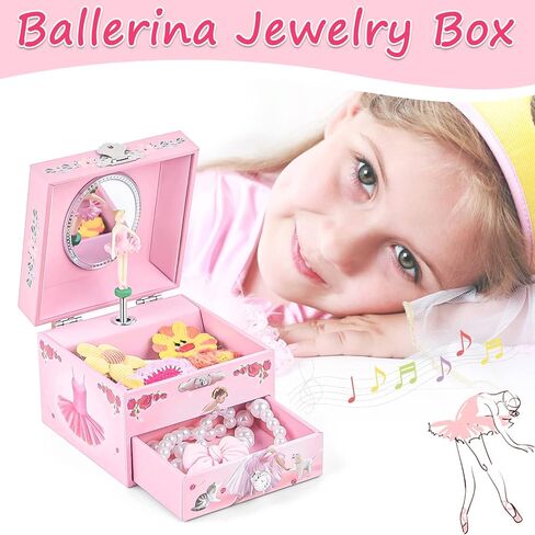 Little Girls Musical Jewelry Box with Spinning Ballerina and Jewelry Set, Ballerina Storage Earring Necklace Box with Pullout Drawer, Ideal Gift for Girls, Play Swan Lake Tune in Kuwait