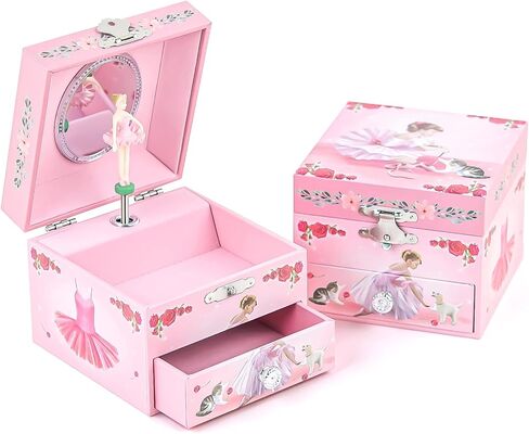 Little Girls Musical Jewelry Box with Spinning Ballerina and Jewelry Set, Ballerina Storage Earring Necklace Box with Pullout Drawer, Ideal Gift for Girls, Play Swan Lake Tune in Kuwait