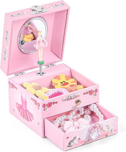 Little Girls Musical Jewelry Box with Spinning Ballerina and Jewelry Set, Ballerina Storage Earring Necklace Box with Pullout Drawer, Ideal Gift for Girls, Play Swan Lake Tune in Kuwait