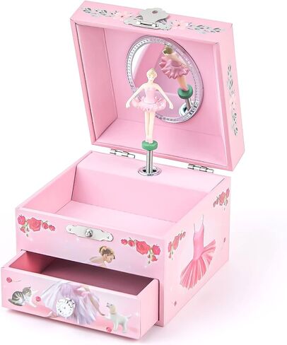Little Girls Musical Jewelry Box with Spinning Ballerina and Jewelry Set, Ballerina Storage Earring Necklace Box with Pullout Drawer, Ideal Gift for Girls, Play Swan Lake Tune in Kuwait
