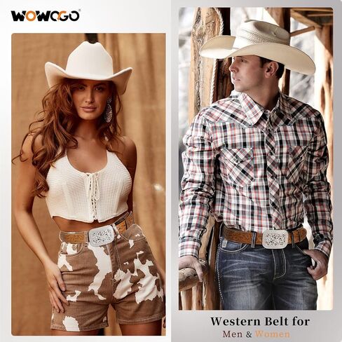 WOWOGO النساء الرجال الغربية حزام جلد طبيعي راعية البقر رعاة البقر الأزهار محفورة حزام حزام تنقش التمرير مشبك in Kuwait