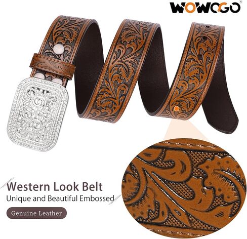 WOWOGO النساء الرجال الغربية حزام جلد طبيعي راعية البقر رعاة البقر الأزهار محفورة حزام حزام تنقش التمرير مشبك in Kuwait