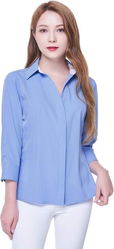 Women's Button Down Shirt 4-Way Stretch V Neck Blouse Wrinkle Resistant & Breathable 3/4 Sleeve Collared Work Top in Kuwait