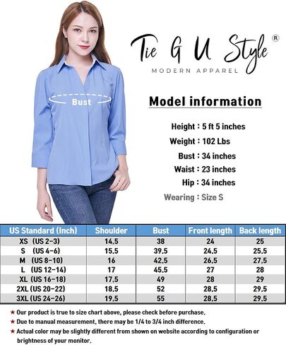 Women's Button Down Shirt 4-Way Stretch V Neck Blouse Wrinkle Resistant & Breathable 3/4 Sleeve Collared Work Top in Kuwait
