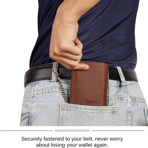 محافظ سلسلة Enwaen للرجال، محفظة ثلاثية الطي من الجلد الطبيعي من Crazy Horse مع خاصية تحديد الهوية بموجات الراديو وسلسلة مضادة للسرقة لراكبي الدراجات النارية والدراجات النارية in Kuwait