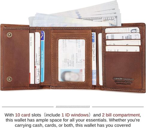 محافظ سلسلة Enwaen للرجال، محفظة ثلاثية الطي من الجلد الطبيعي من Crazy Horse مع خاصية تحديد الهوية بموجات الراديو وسلسلة مضادة للسرقة لراكبي الدراجات النارية والدراجات النارية in Kuwait