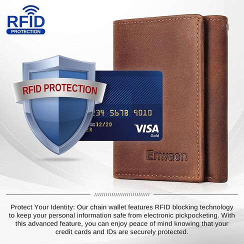 محافظ سلسلة Enwaen للرجال، محفظة ثلاثية الطي من الجلد الطبيعي من Crazy Horse مع خاصية تحديد الهوية بموجات الراديو وسلسلة مضادة للسرقة لراكبي الدراجات النارية والدراجات النارية in Kuwait