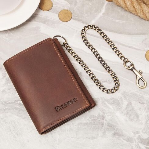 محافظ سلسلة Enwaen للرجال، محفظة ثلاثية الطي من الجلد الطبيعي من Crazy Horse مع خاصية تحديد الهوية بموجات الراديو وسلسلة مضادة للسرقة لراكبي الدراجات النارية والدراجات النارية in Kuwait