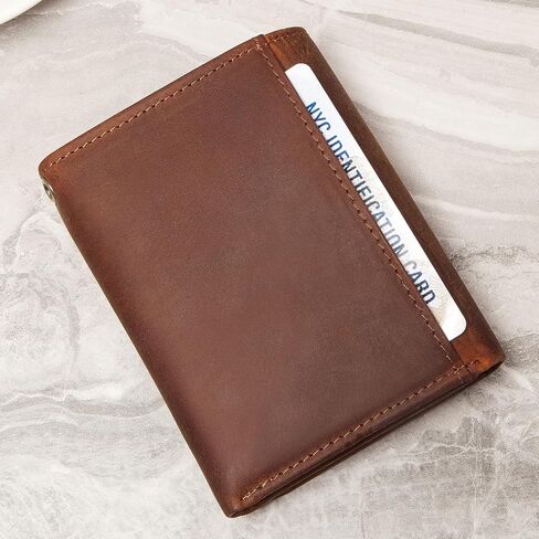 محافظ سلسلة Enwaen للرجال، محفظة ثلاثية الطي من الجلد الطبيعي من Crazy Horse مع خاصية تحديد الهوية بموجات الراديو وسلسلة مضادة للسرقة لراكبي الدراجات النارية والدراجات النارية in Kuwait