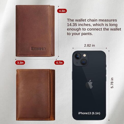 محافظ سلسلة Enwaen للرجال، محفظة ثلاثية الطي من الجلد الطبيعي من Crazy Horse مع خاصية تحديد الهوية بموجات الراديو وسلسلة مضادة للسرقة لراكبي الدراجات النارية والدراجات النارية in Kuwait