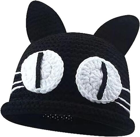 Womens Anime Beanie Hat Winter Warm Cap Cute Cat Crochet Caps Cat Ears Knitted Hats Girl Big Eyes Outdoor Ski Hat Black in Kuwait
