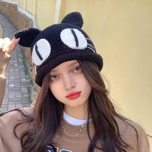Womens Anime Beanie Hat Winter Warm Cap Cute Cat Crochet Caps Cat Ears Knitted Hats Girl Big Eyes Outdoor Ski Hat Black in Kuwait