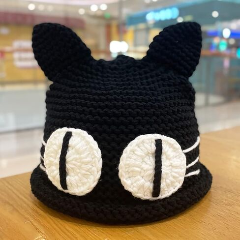 Womens Anime Beanie Hat Winter Warm Cap Cute Cat Crochet Caps Cat Ears Knitted Hats Girl Big Eyes Outdoor Ski Hat Black in Kuwait