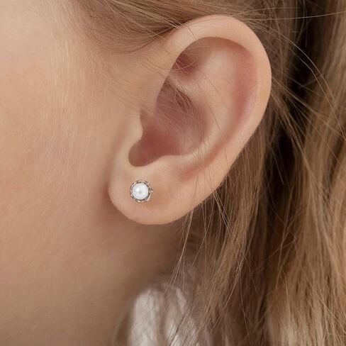 925 Sterling Silver Unique Simulated Pearl Basket Toddler Earrings with Screw Back Locking - Hypoallergenic & Safe for Babies, Toddlers, Young Girls, and Pre Teens in Kuwait