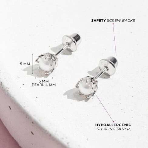 925 Sterling Silver Unique Simulated Pearl Basket Toddler Earrings with Screw Back Locking - Hypoallergenic & Safe for Babies, Toddlers, Young Girls, and Pre Teens in Kuwait