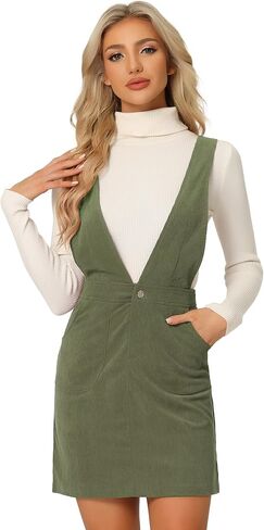 Allegra K Women's Corduroy Overall V Neck Strap Mini Pinafore Dress in Kuwait