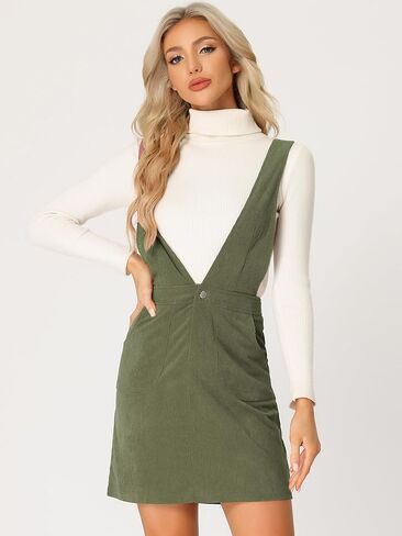 Allegra K Women's Corduroy Overall V Neck Strap Mini Pinafore Dress in Kuwait