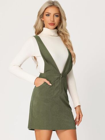 Allegra K Women's Corduroy Overall V Neck Strap Mini Pinafore Dress in Kuwait