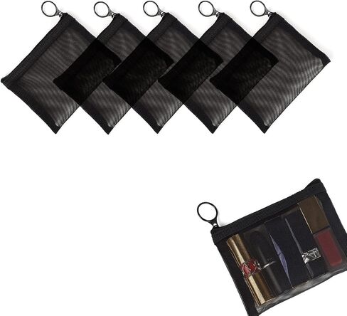 patu Mini Zipper Mesh Bags, 4" x 5", Size S / A7, 5 Pieces, Beauty Makeup Lipstick Cosmetic Accessories Organizer, Small Travel Kit Storage Pouch, Black in Saudi Arabia