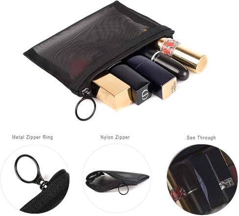 patu Mini Zipper Mesh Bags, 4" x 5", Size S / A7, 5 Pieces, Beauty Makeup Lipstick Cosmetic Accessories Organizer, Small Travel Kit Storage Pouch, Black in Saudi Arabia