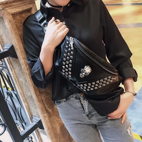 Leather Fanny Packs for Women,Fashion Leather Waist Bag Black Fanny Pack Men Skull Design Bum Bags for Women Crossbody Belt Bag Waist Pack for Holiday Festival Travel Running Hiking (Skull -1) in Saudi Arabia