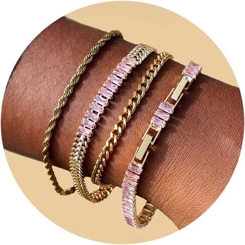 YOXWSKA 4 قطع أساور ذهبية ملونة للنساء، سوار تنس زركونيا مكعب 5 مم مربع، مجموعة أساور تنس تشيكوسلوفاكيا مطلية بالذهب 14 قيراط للنساء المراهقات والفتيات هدية مجوهرات قابلة للتعديل in Kuwait